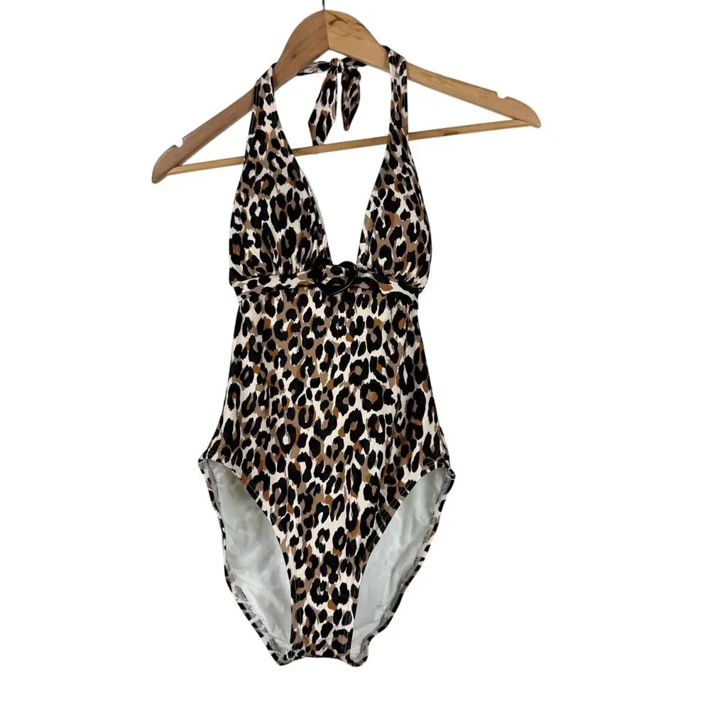 Kate Spade NWT Leopard Animal-Print Halter One-Piece Swimsuit Belt Heart Size M
